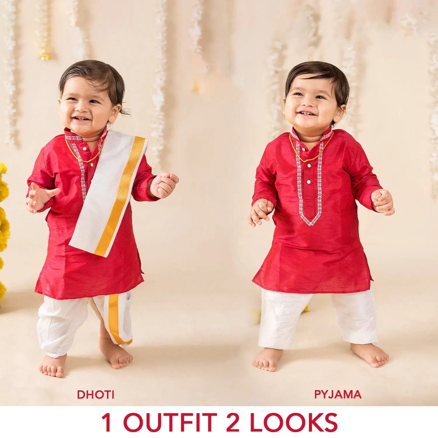 Baby Moo x Kurta Co. Traditional Dhoti Khandwa Kurta Set | Soft Banaras Silk With Gold Border | Premium Plastic Gift Box 6pcs - Red