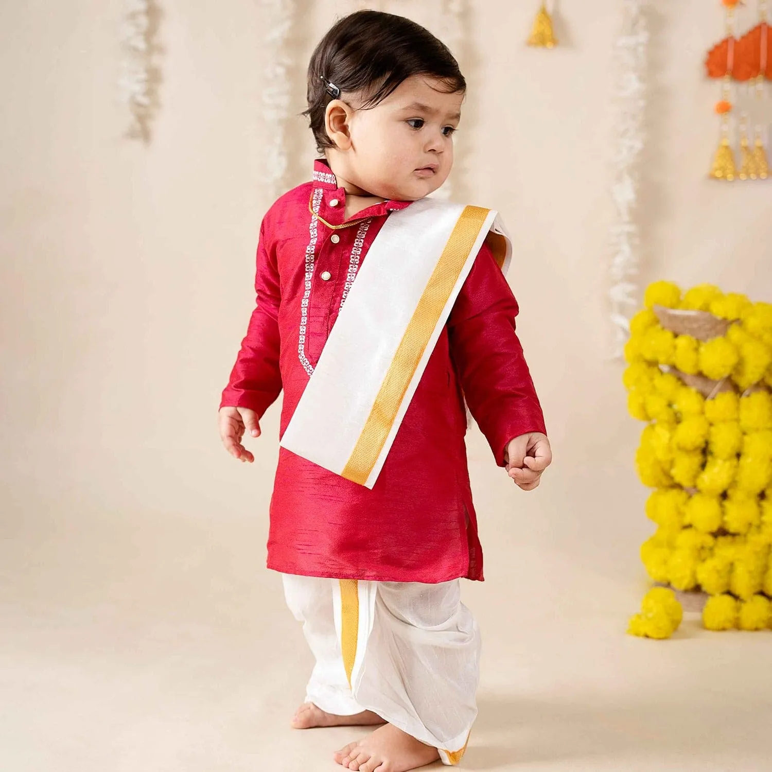 Baby Moo x Kurta Co. Traditional Dhoti Khandwa Kurta Set | Soft Banaras Silk With Gold Border | Premium Plastic Gift Box 6pcs - Red