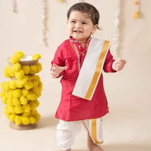 Baby Moo x Kurta Co. Traditional Dhoti Khandwa Kurta Set | Soft Banaras Silk With Gold Border | Premium Plastic Gift Box 6pcs - Red