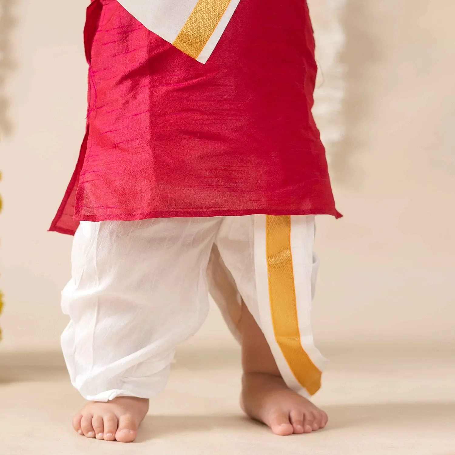 Baby Moo x Kurta Co. Traditional Dhoti Khandwa Kurta Set | Soft Banaras Silk With Gold Border | Premium Plastic Gift Box 6pcs - Red