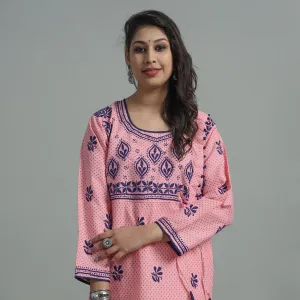 Baby Pink Chikankari Hand Embroidered Cotton Long Kurta