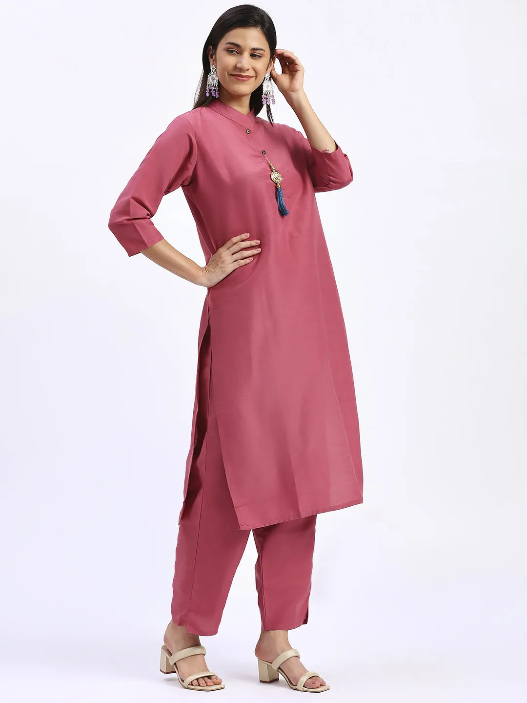 Baby Pink Classy Designer Readymade Pant Suit With Printed Work