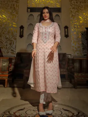 Baby Pink Cotton Kurta Pant Set With Chiffon Dupatta