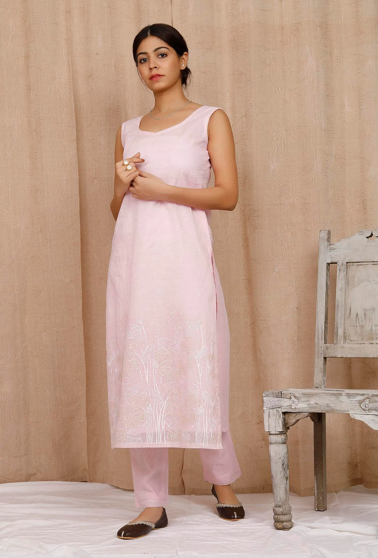 Baby Pink Embroidered Organdy Kurta