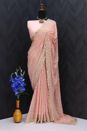 Baby Pink Faux Georgette Embroidery Saree