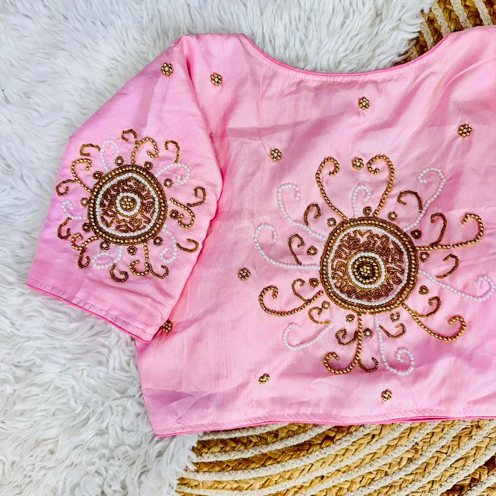 Baby Pink Golden Handcrafted Makhana Silk Blouse with White Pearl Accents