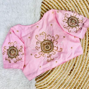 Baby Pink Golden Handcrafted Makhana Silk Blouse with White Pearl Accents