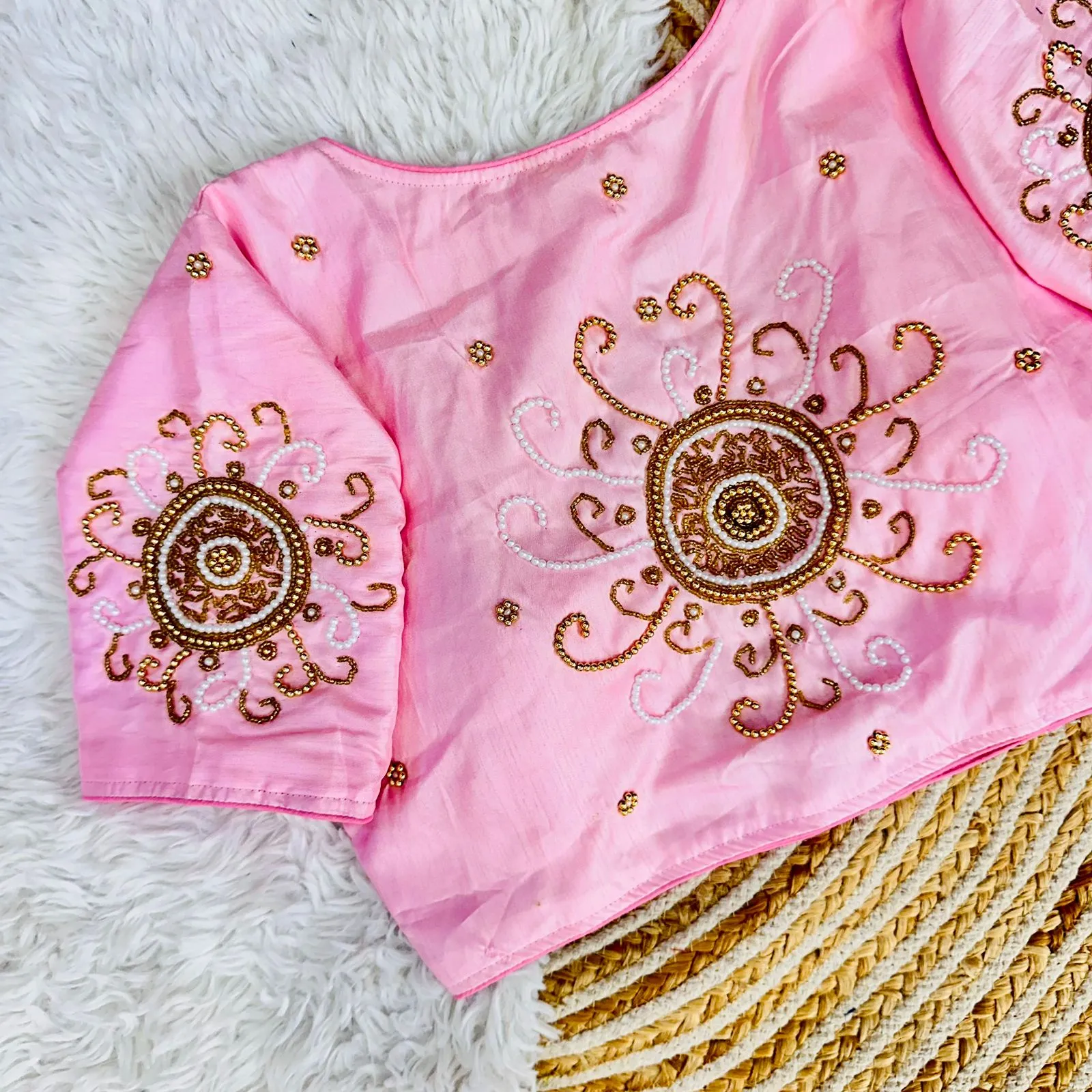 Baby Pink Golden Handcrafted Makhana Silk Blouse with White Pearl Accents