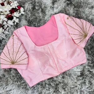 Baby Pink Handcrafted tumtum silk Golden Blouse with Ambla Mirror Accents