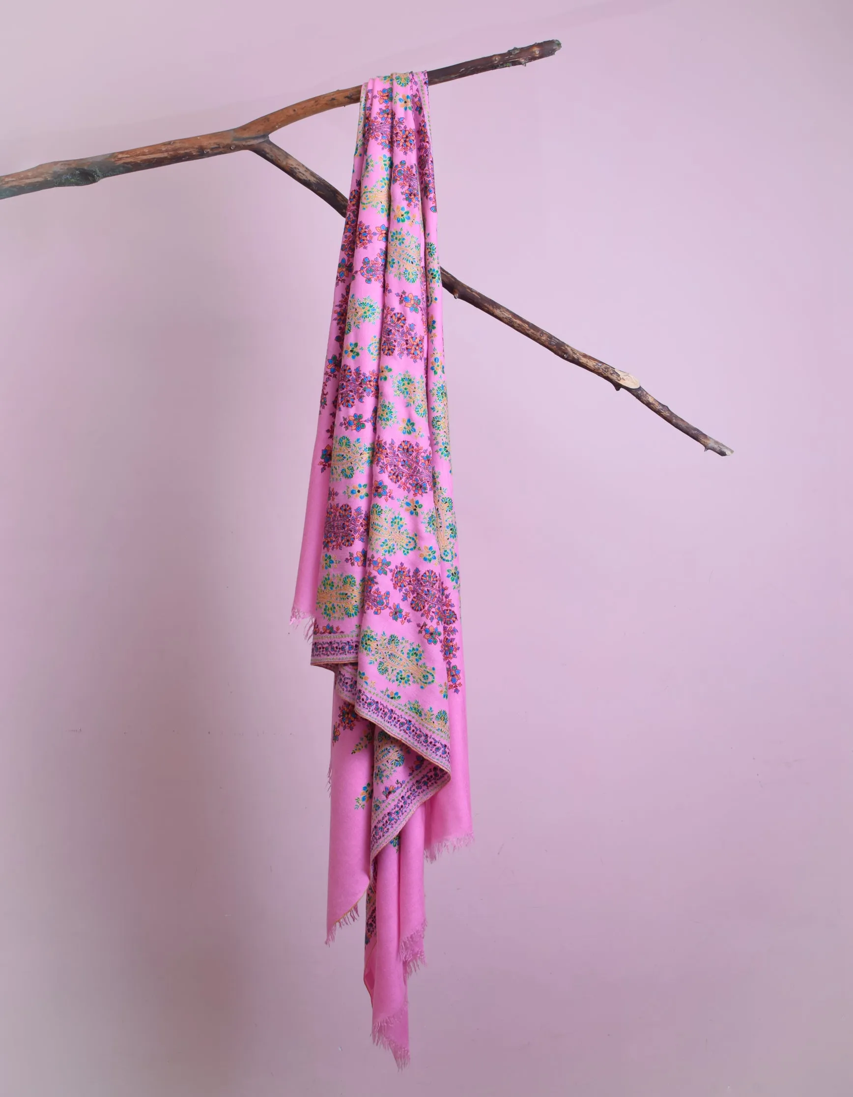 Baby Pink Handwoven Sozni Floral Embroidered Jamawar Pashmina Shawl