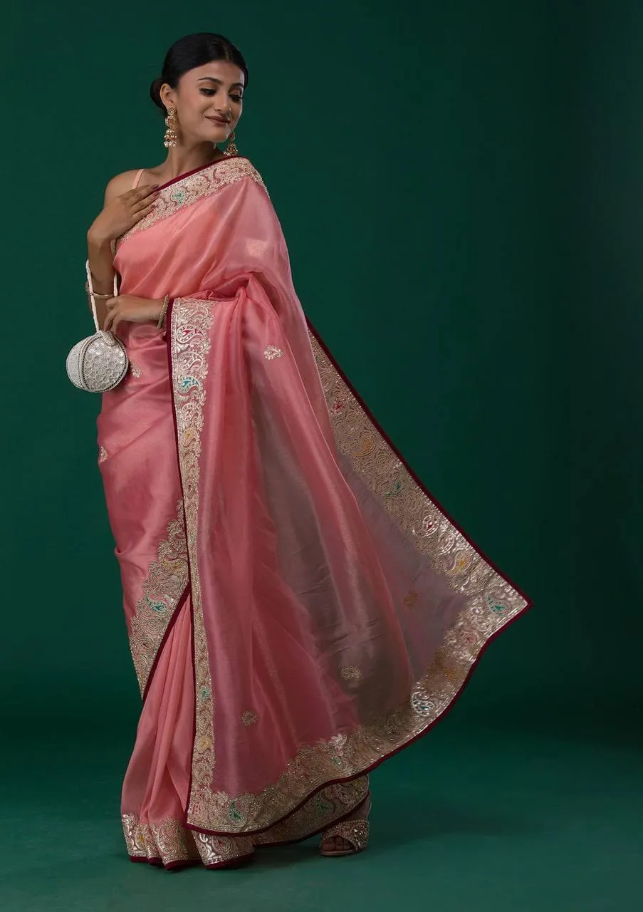 Baby Pink Organza Silk  Saree