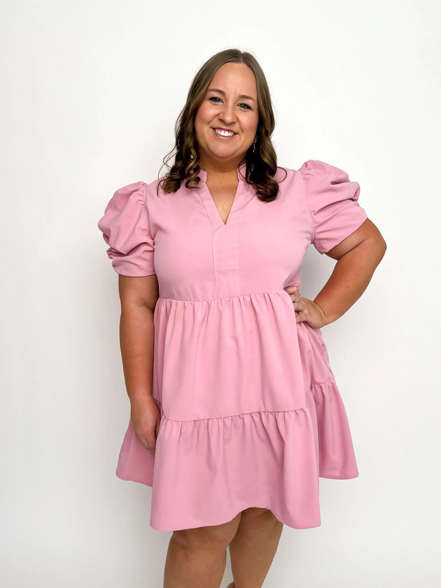 Baby Pink Ruched Sleeve Dress