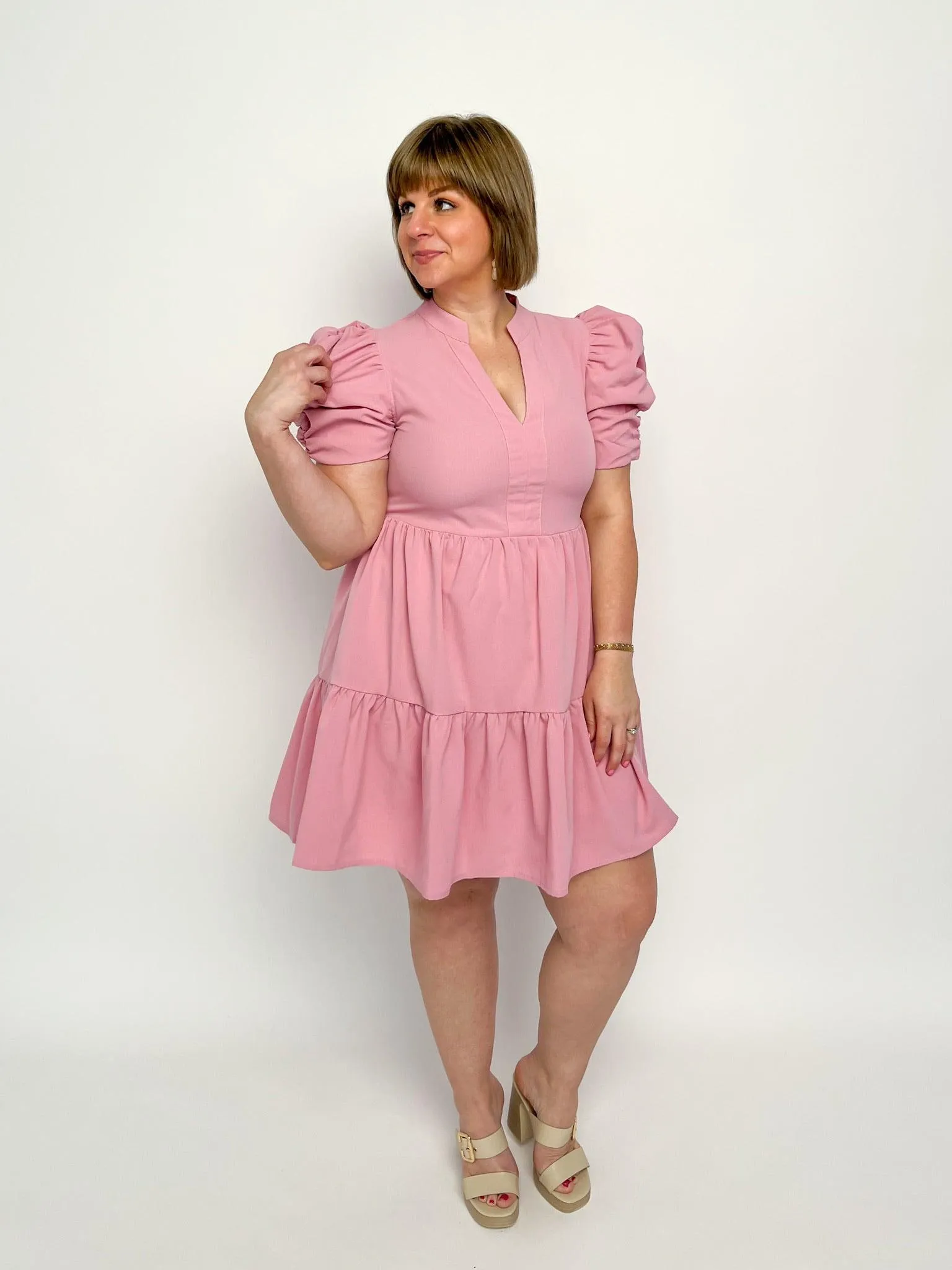 Baby Pink Ruched Sleeve Dress