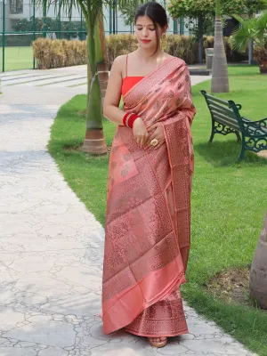 Baby Pink Saree in Banarasi Silk Woven with Floral Prints