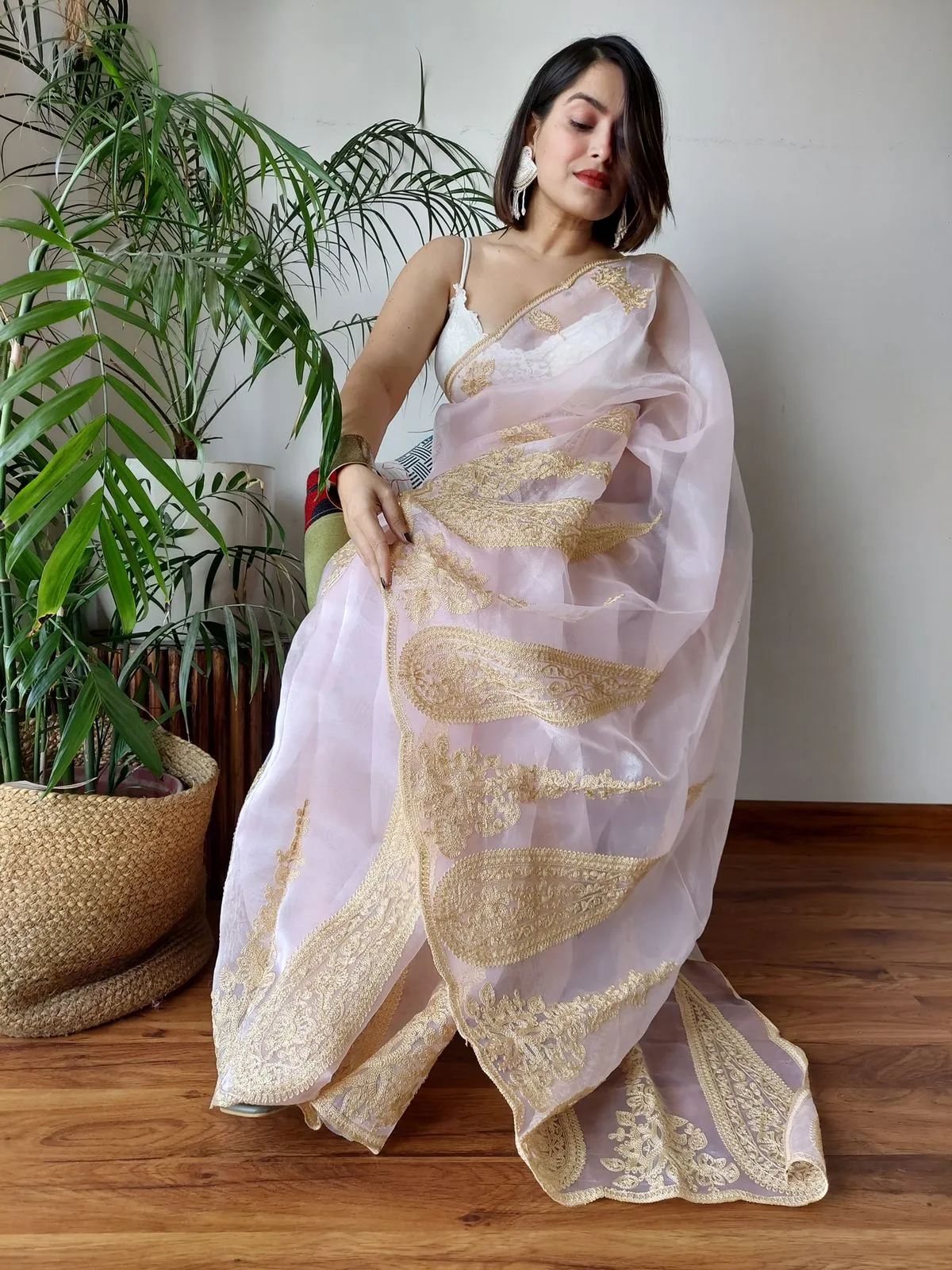 Baby Pink Semi-Pure Organza Saree with Exquisite Lucknowi Work & Matching Blouse