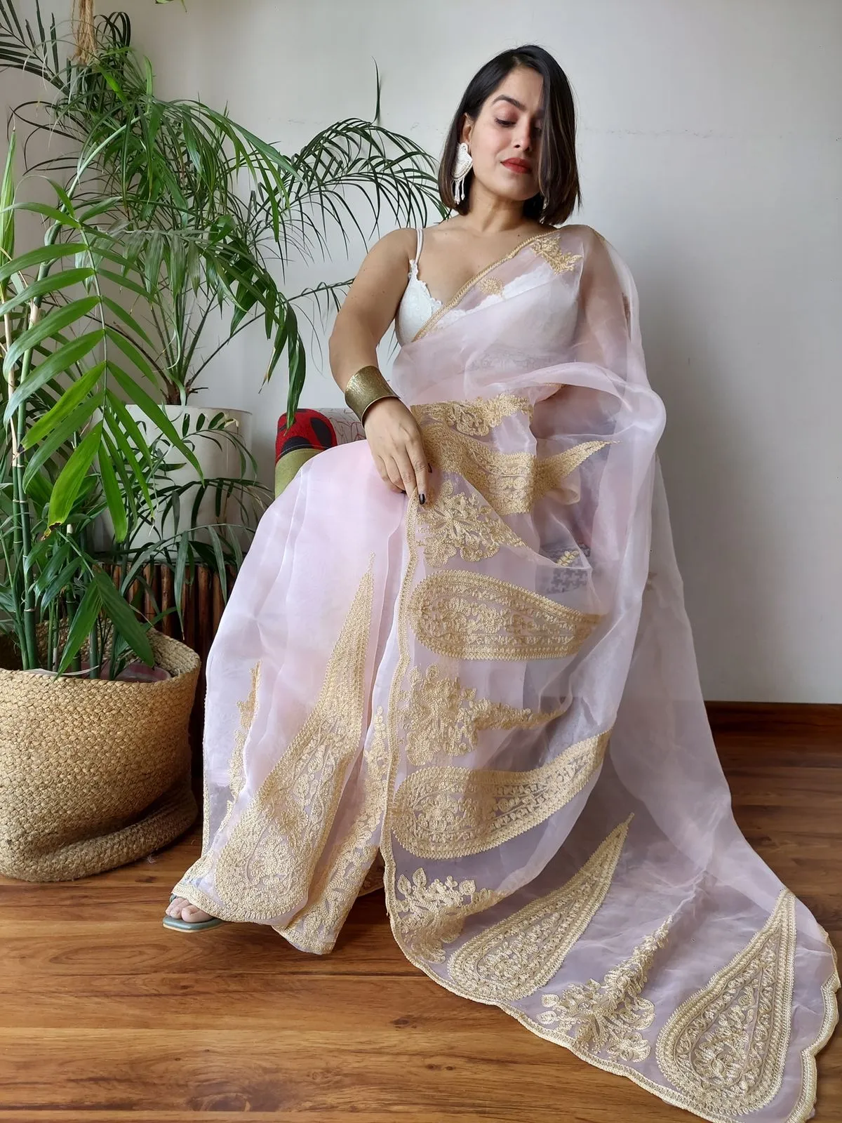 Baby Pink Semi-Pure Organza Saree with Exquisite Lucknowi Work & Matching Blouse