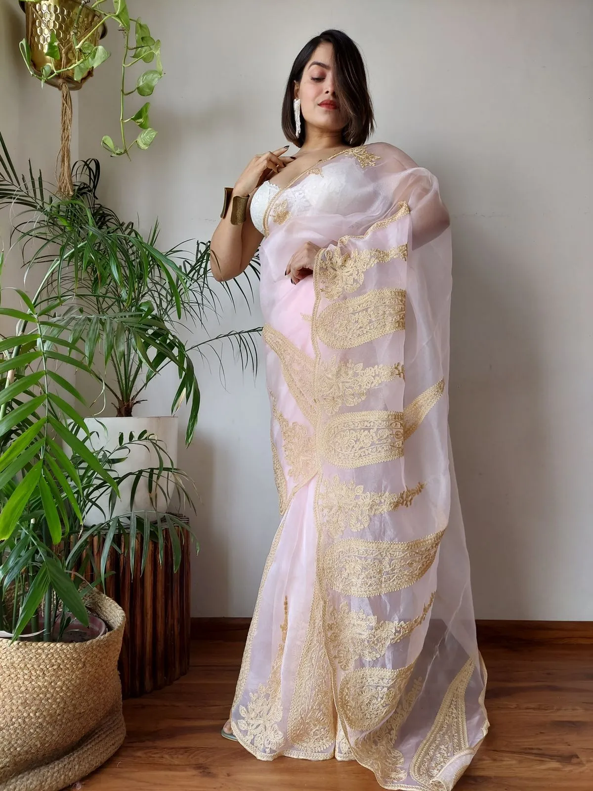 Baby Pink Semi-Pure Organza Saree with Exquisite Lucknowi Work & Matching Blouse