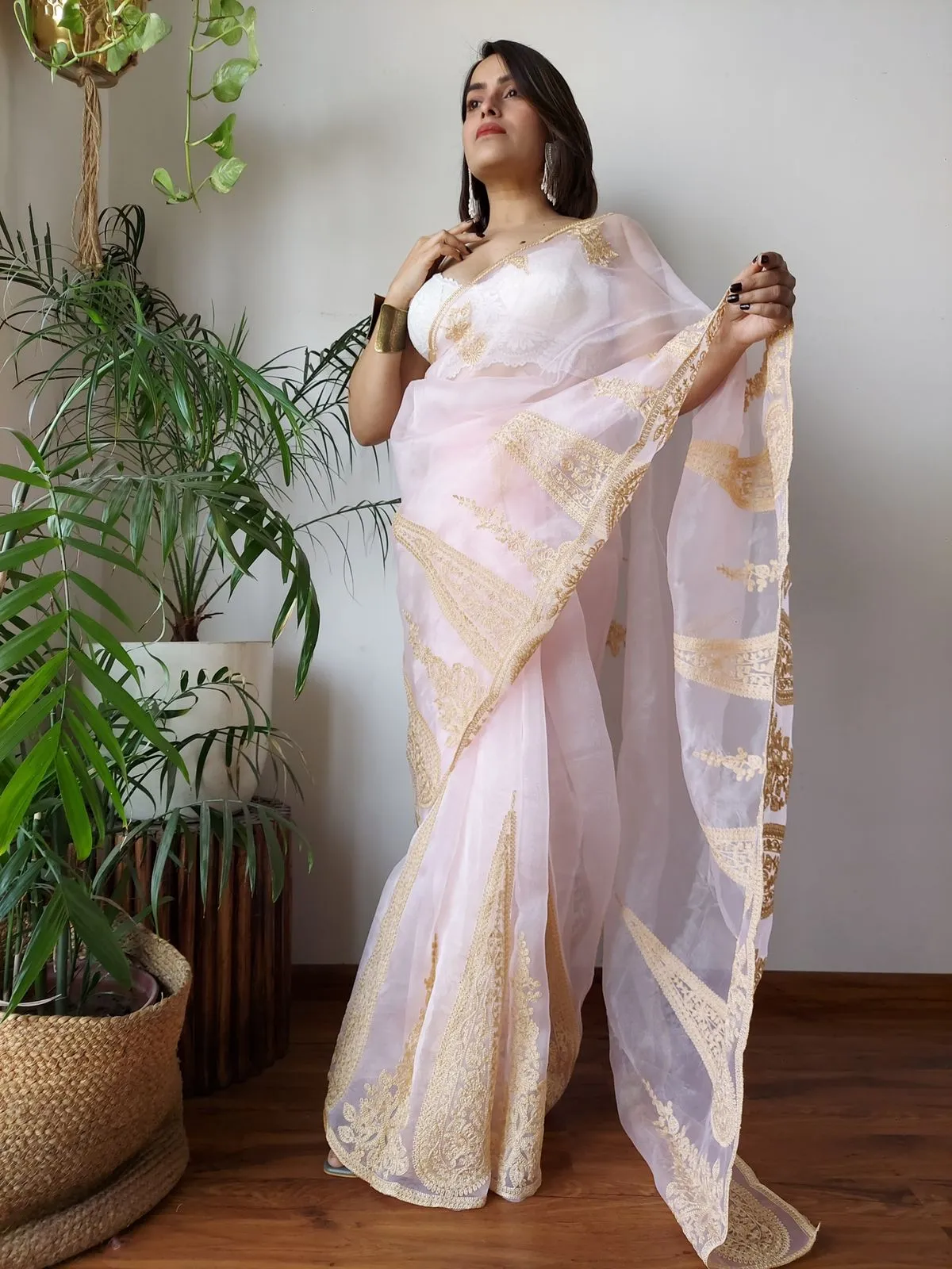 Baby Pink Semi-Pure Organza Saree with Exquisite Lucknowi Work & Matching Blouse