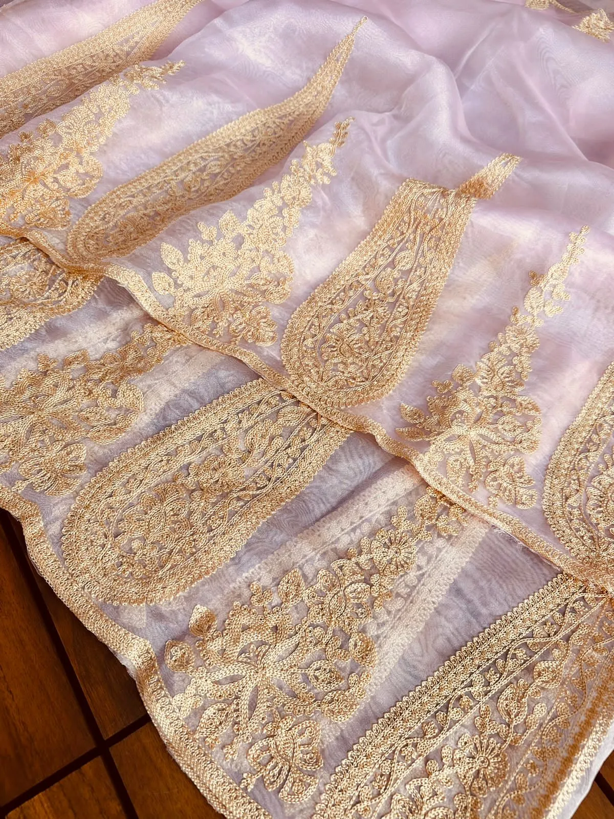 Baby Pink Semi-Pure Organza Saree with Exquisite Lucknowi Work & Matching Blouse