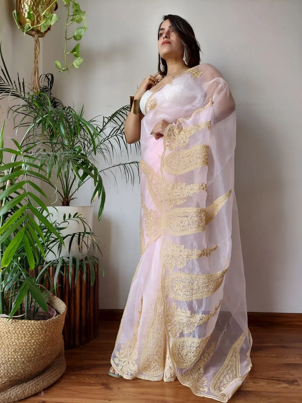 Baby Pink Semi-Pure Organza Saree with Exquisite Lucknowi Work & Matching Blouse