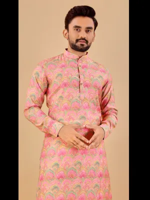 Baby Pink Traditional Wear Readymade Only Men's Kurta Payjama With Foil Print Work