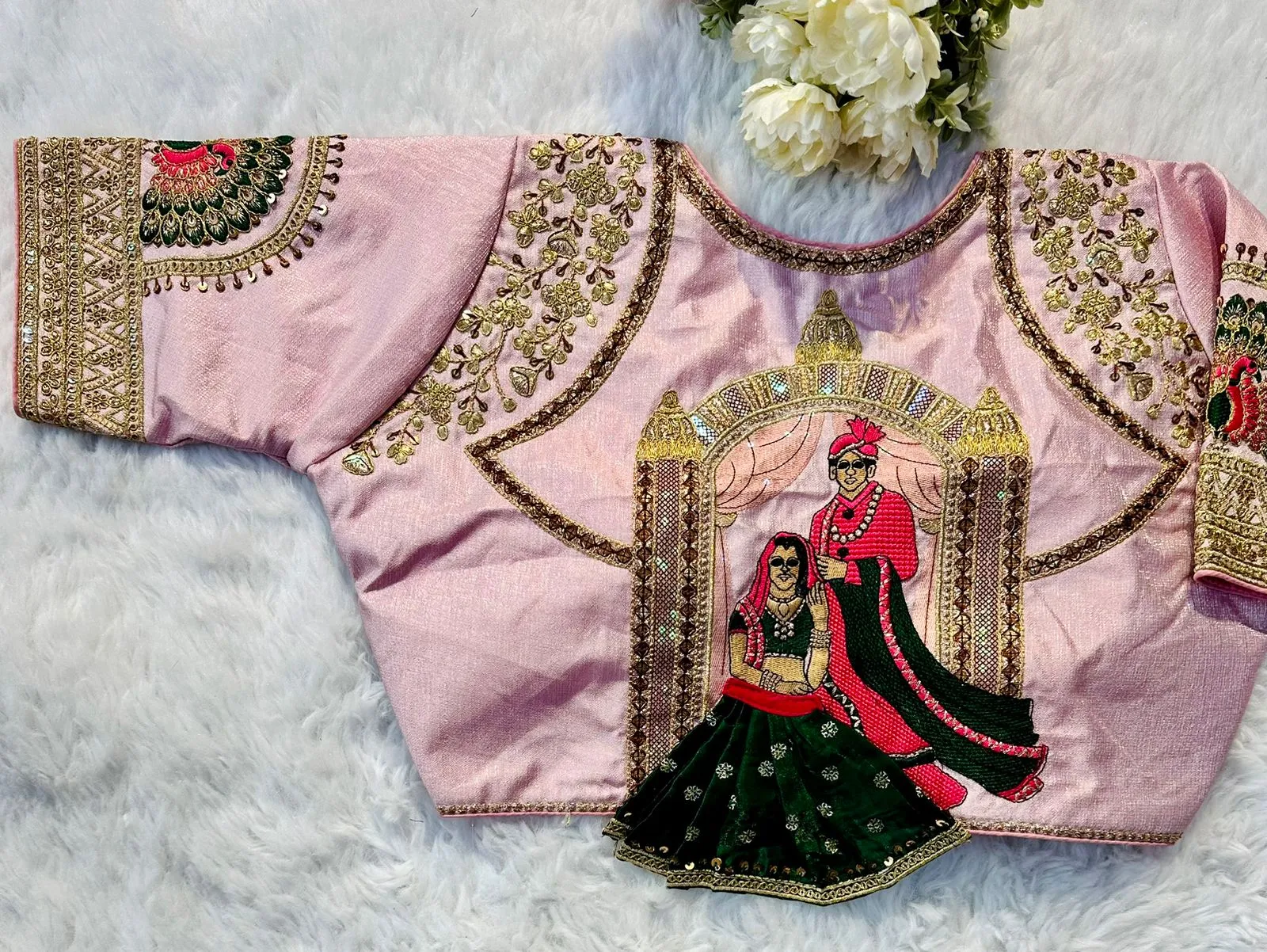 Baby Pink Wedding Wear Blouse in Raspberry Silk with Exquisite Embroidery and Sequins