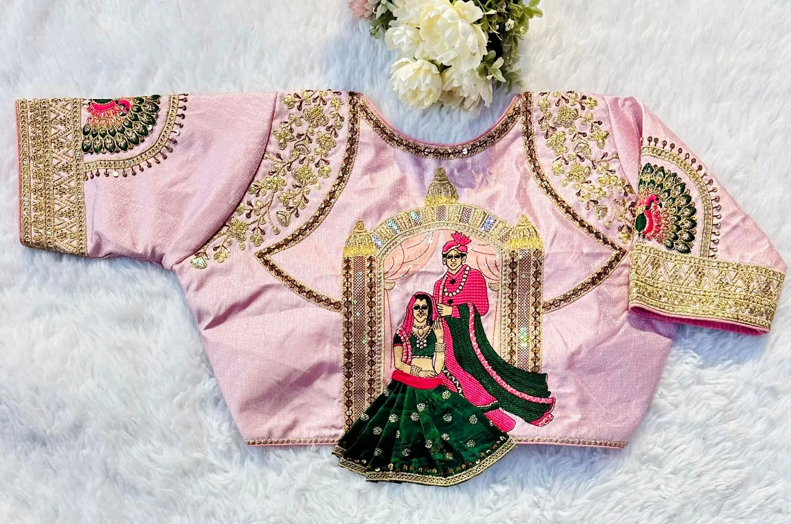 Baby Pink Wedding Wear Blouse in Raspberry Silk with Exquisite Embroidery and Sequins