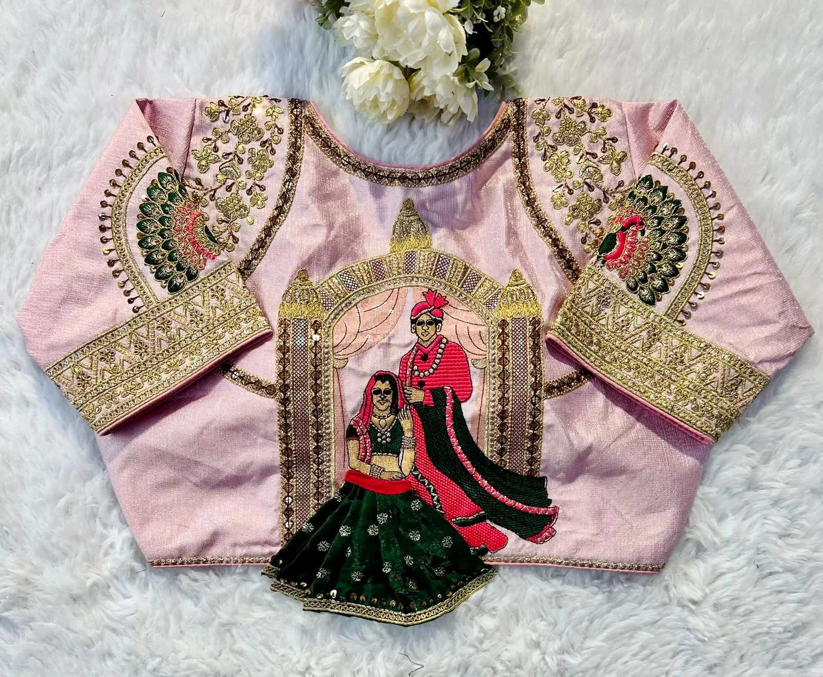 Baby Pink Wedding Wear Blouse in Raspberry Silk with Exquisite Embroidery and Sequins