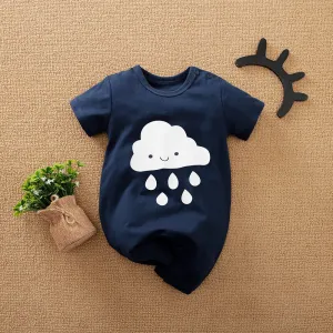 Baby's Short Sleeve Cloud with Rain Print Jumpsuit