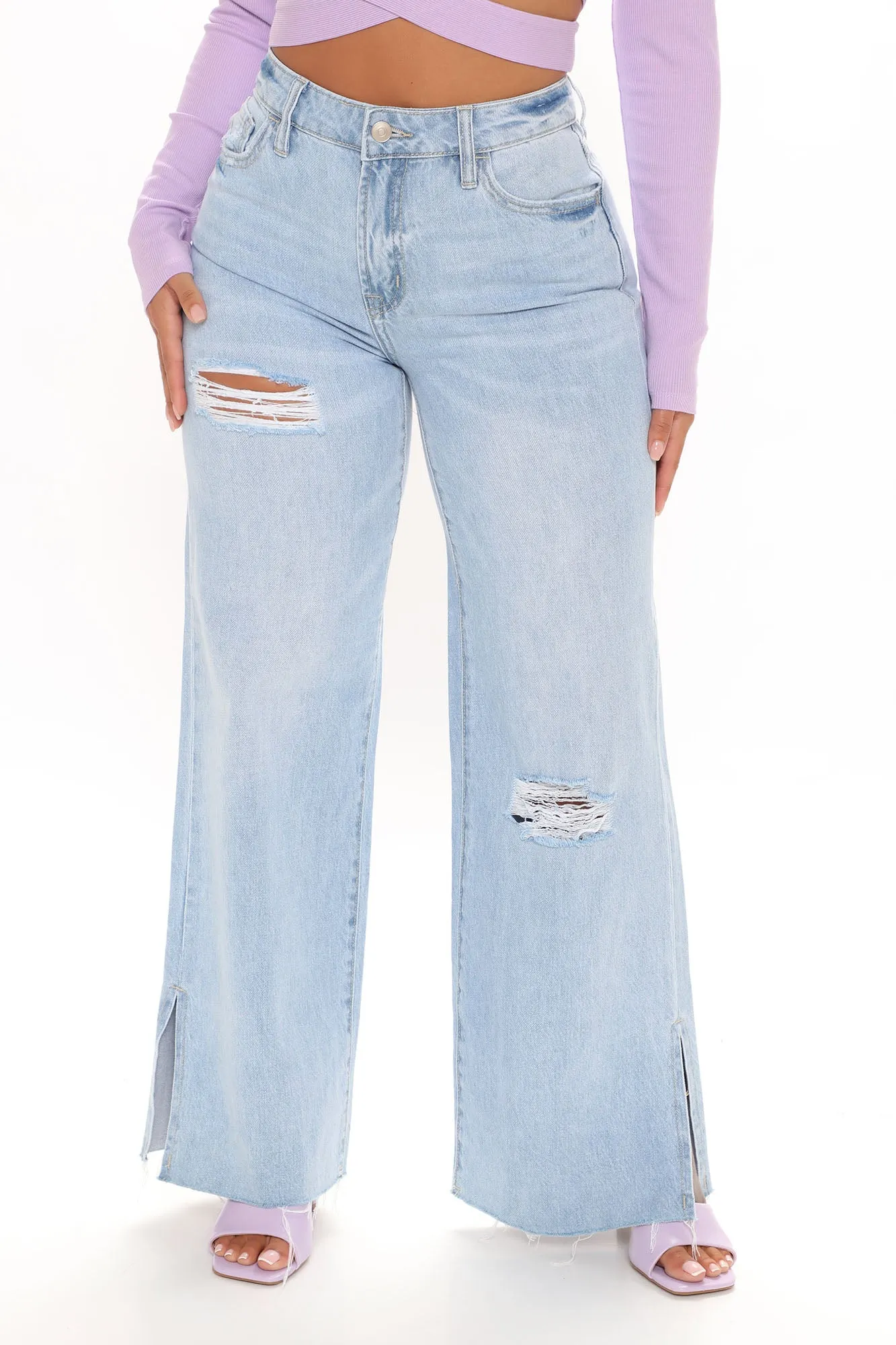 Back In The Day Ripped 90's Side Slit Jeans - Light Blue Wash