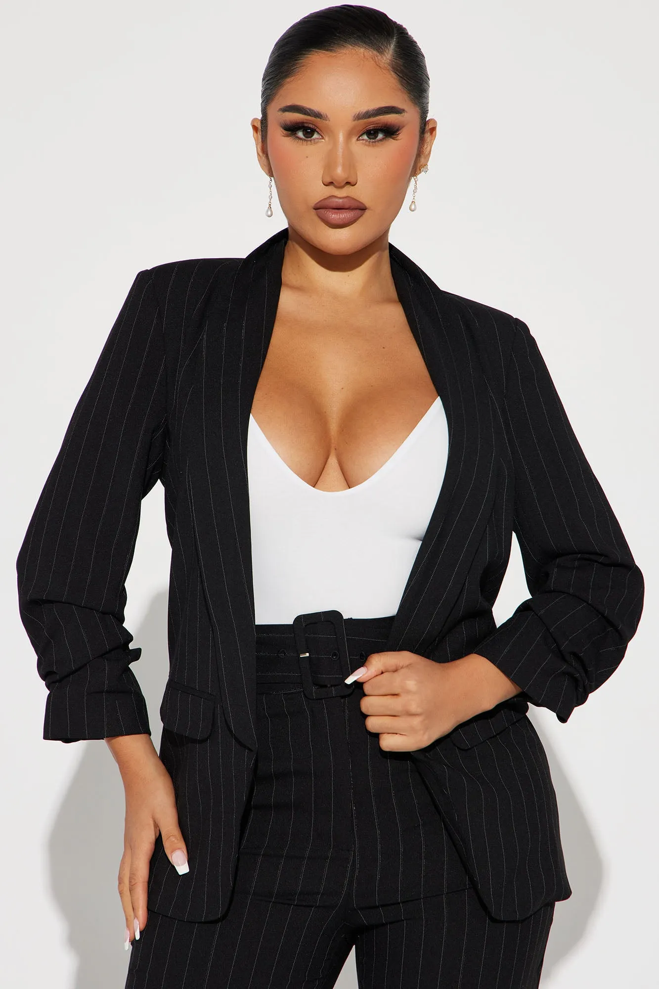 Back In The Office Pinstripe Pant Set - Black