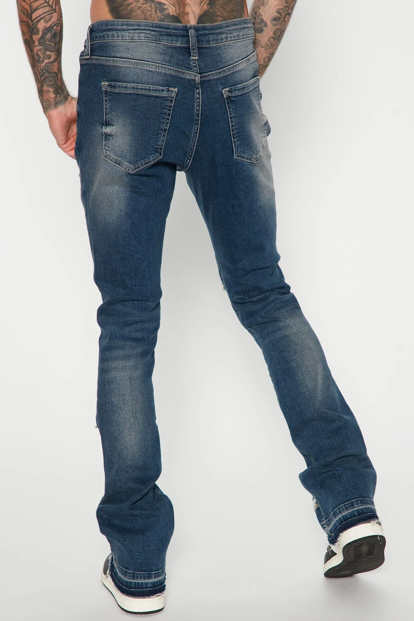 Back Me Up Ripped Stacked Skinny Flared Jeans - Vintage Blue Wash