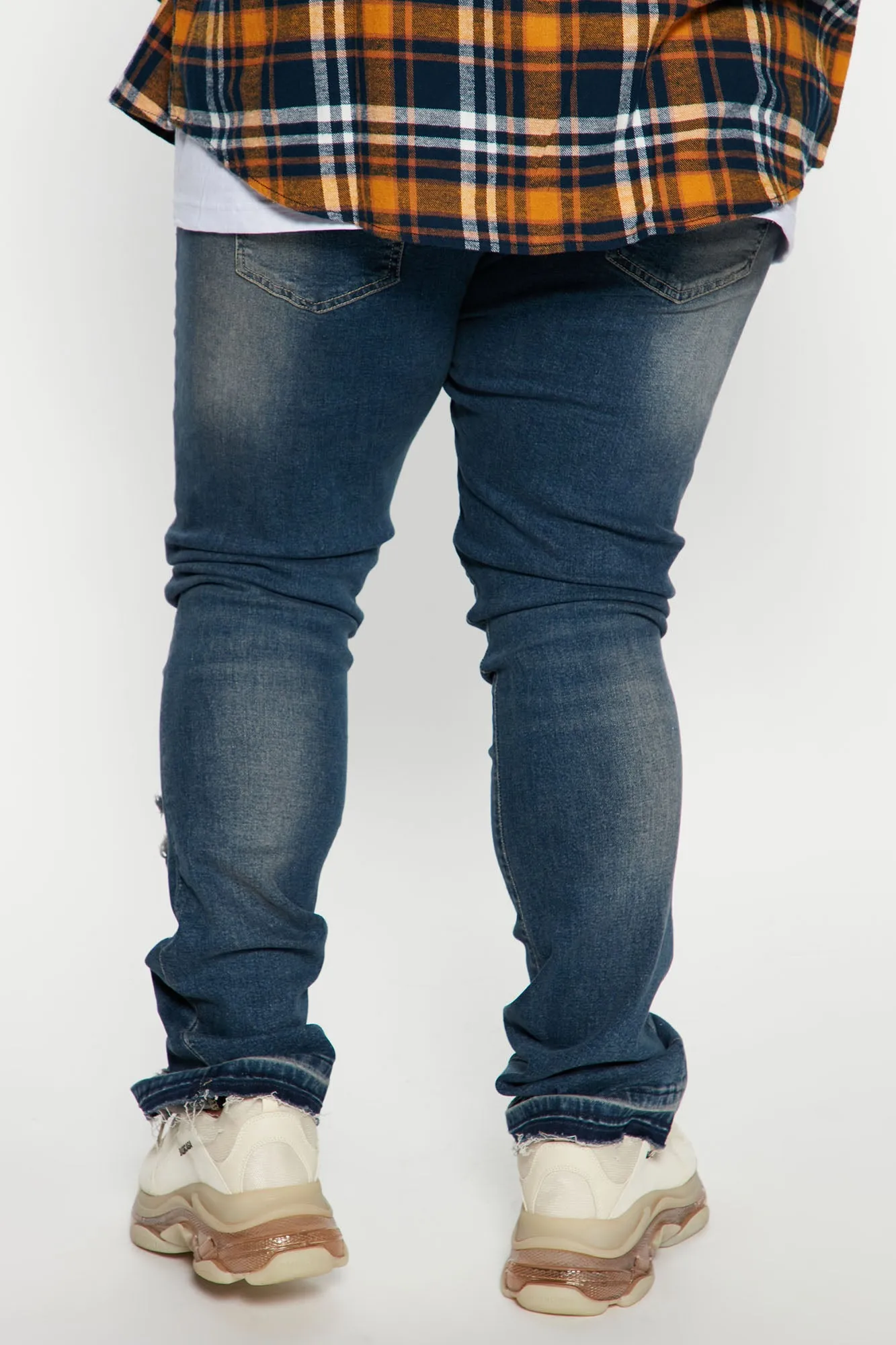 Back Me Up Ripped Stacked Skinny Flared Jeans - Vintage Blue Wash