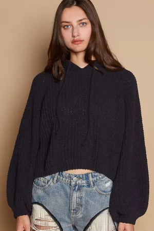 Back Open Slit Balloon Sleeve Crop Hooded Sweater