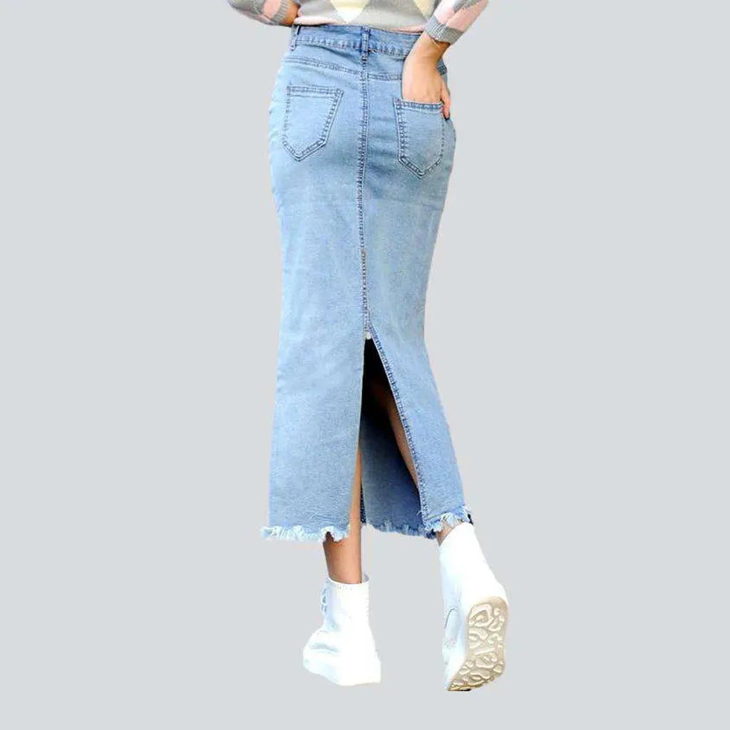 Back slit long denim skirt