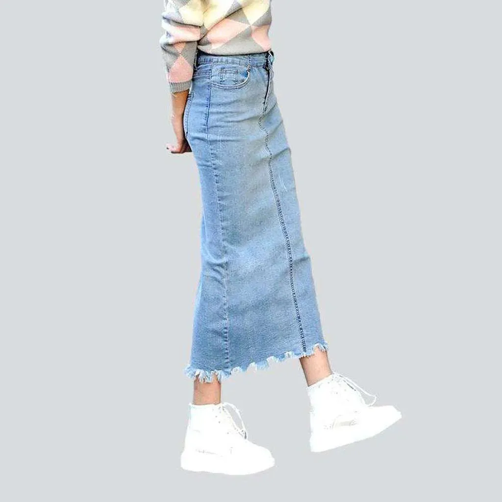 Back slit long denim skirt