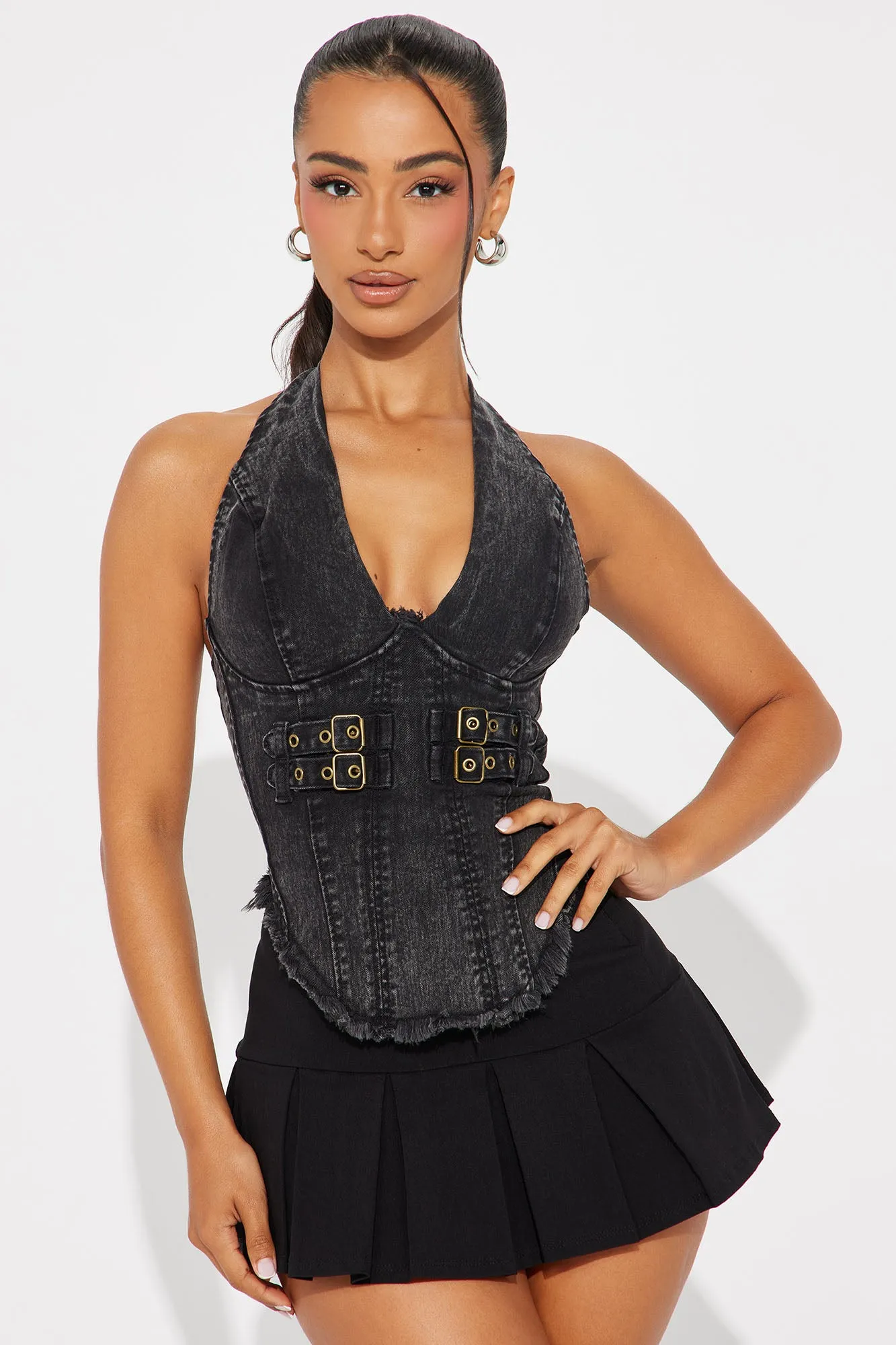 Back To Back Washed Denim Halter Top - Black Wash