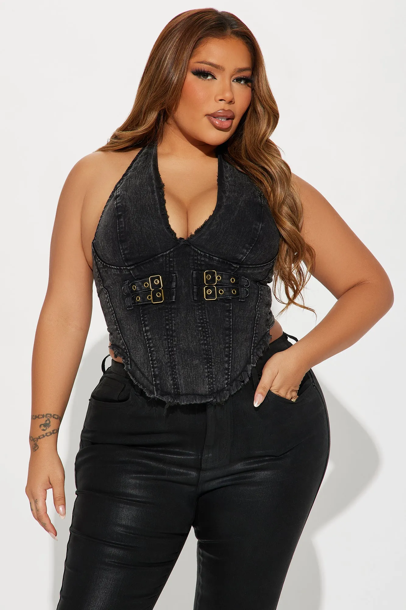 Back To Back Washed Denim Halter Top - Black Wash