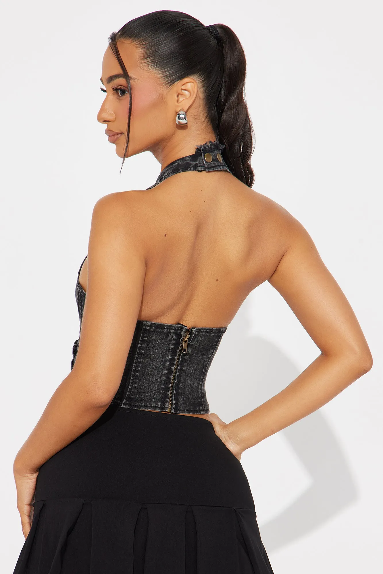 Back To Back Washed Denim Halter Top - Black Wash