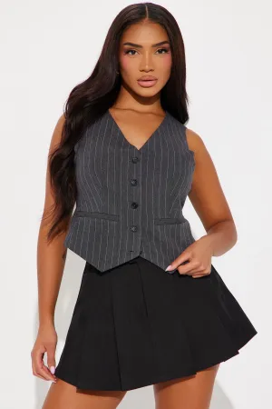 Back To Business Pinstripe Vest Top - Charcoal/combo