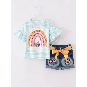 Back to School Rainbow Apple Girl Denim Short Set