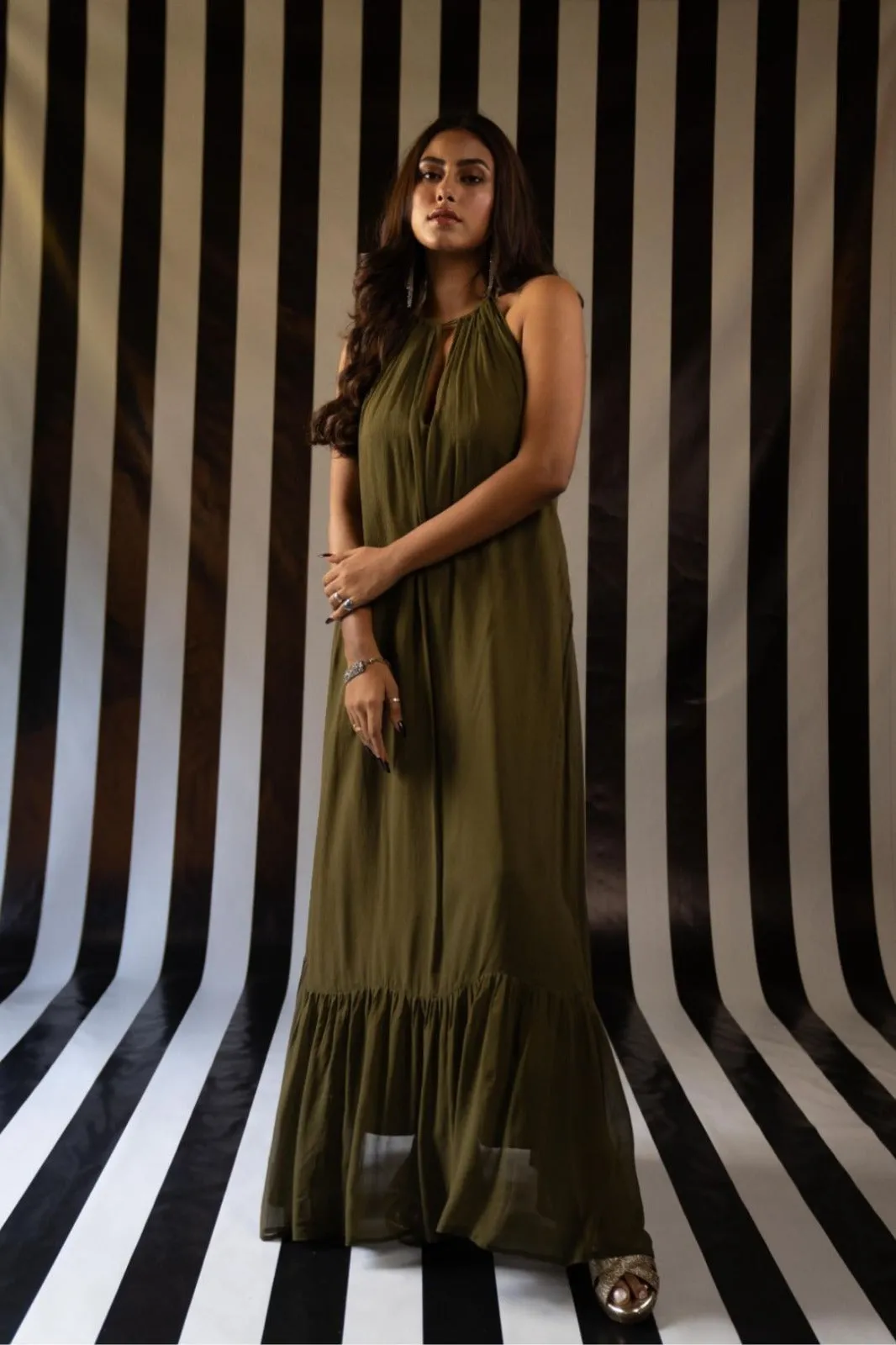 Backless Halter Maxi in Military Georgette