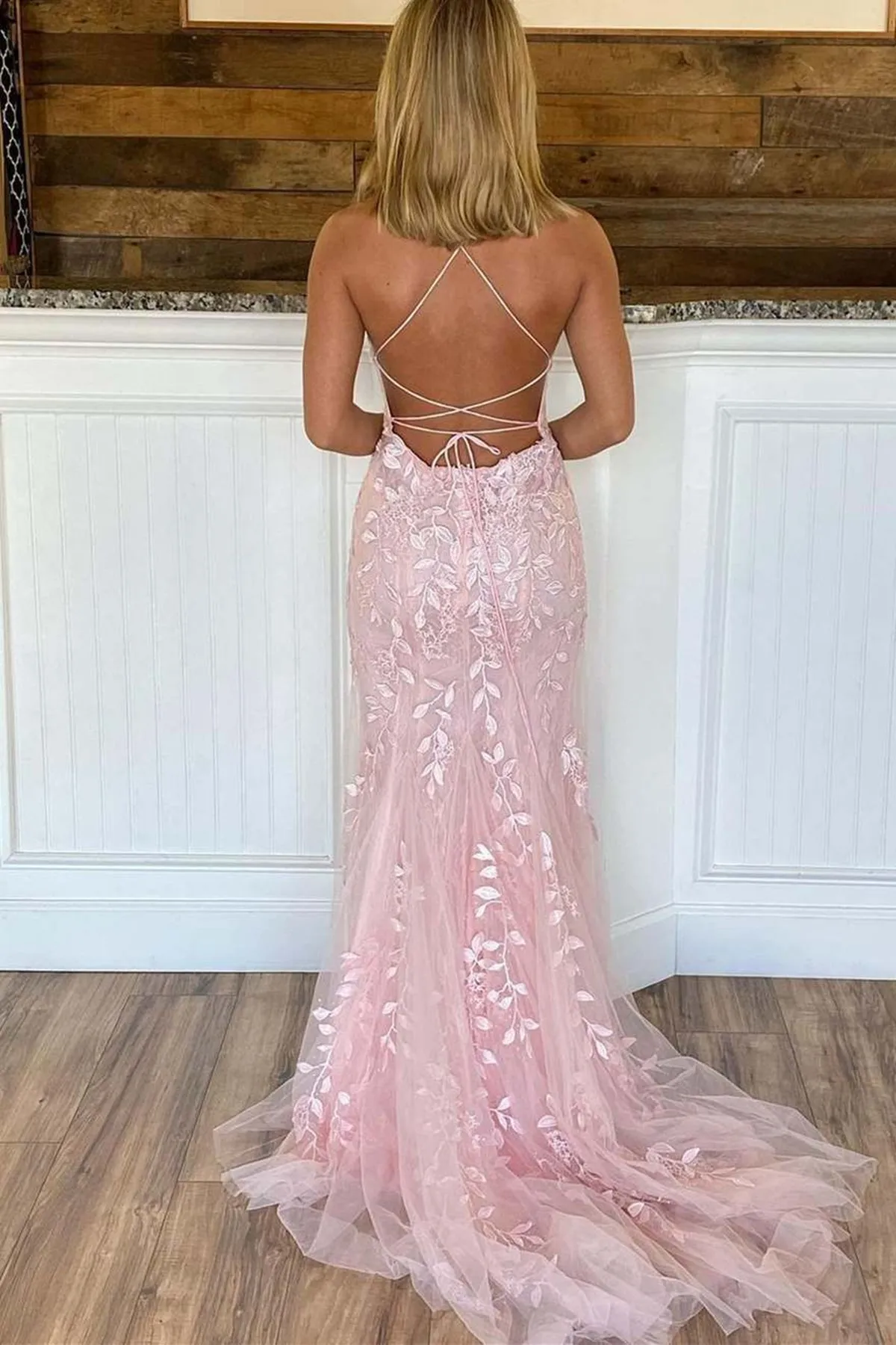 Backless Mermaid Pink Lace Long Prom Dresses, Mermaid Pink Formal Dresses, Pink Lace Evening Dresses