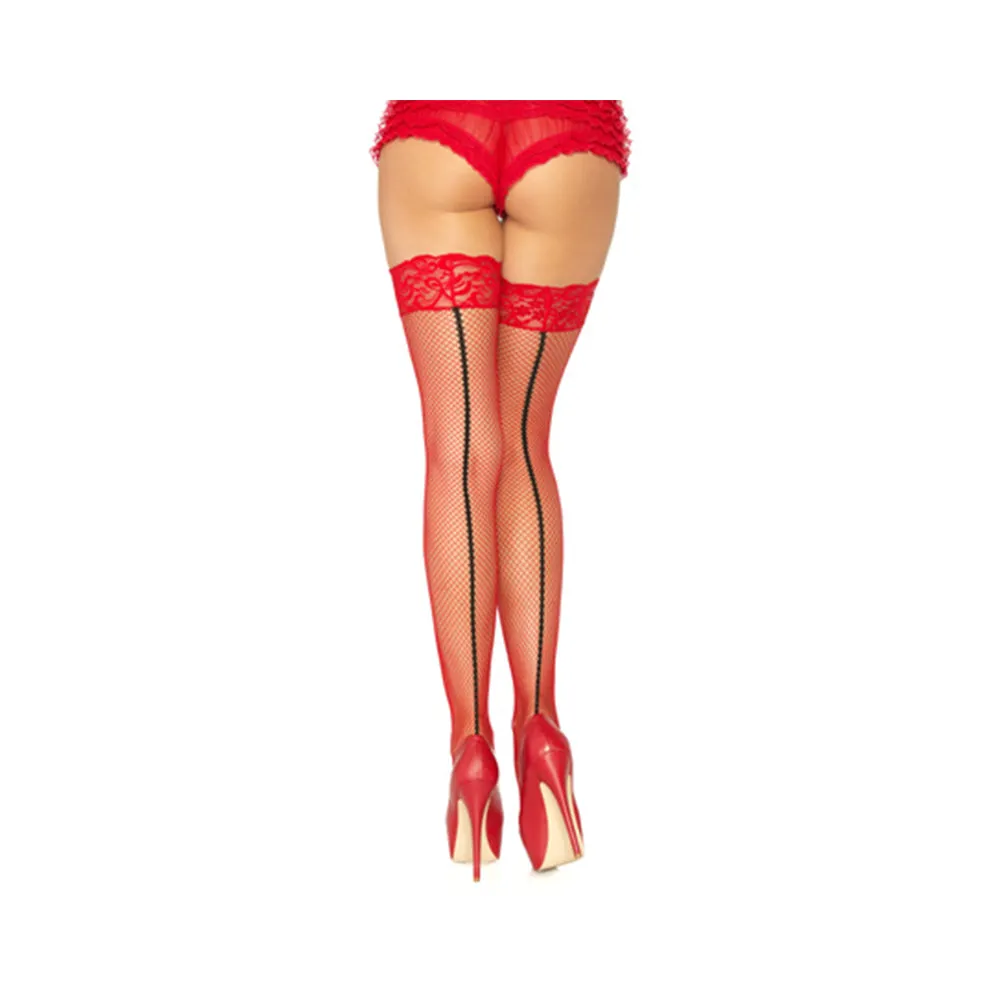 Backseam Fishnet Thigh Highs - One Size - Red / Black