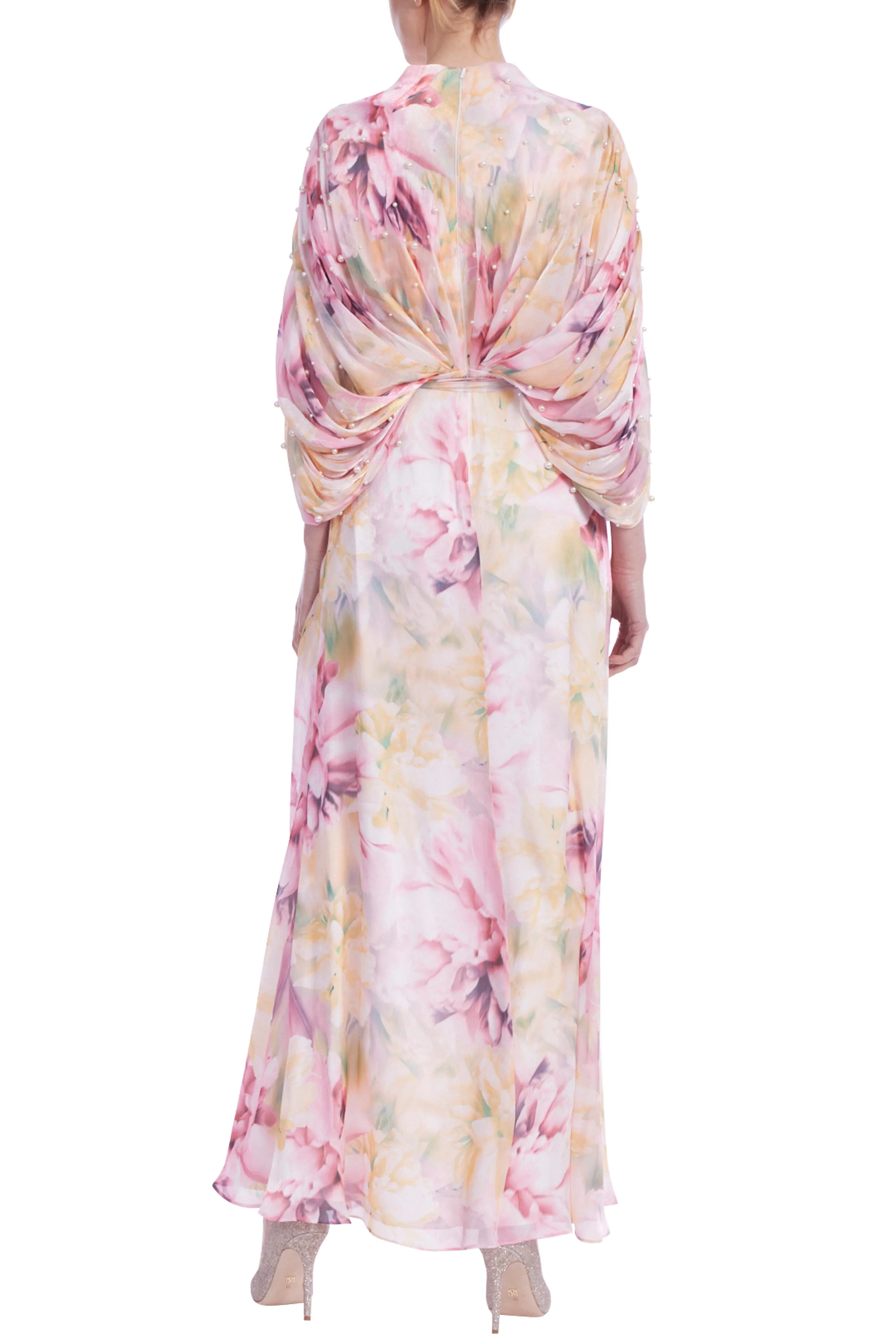 Badgley Mischka Flowing Chiffon and Pearls Floral Print Gown