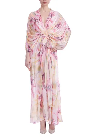 Badgley Mischka Flowing Chiffon and Pearls Floral Print Gown