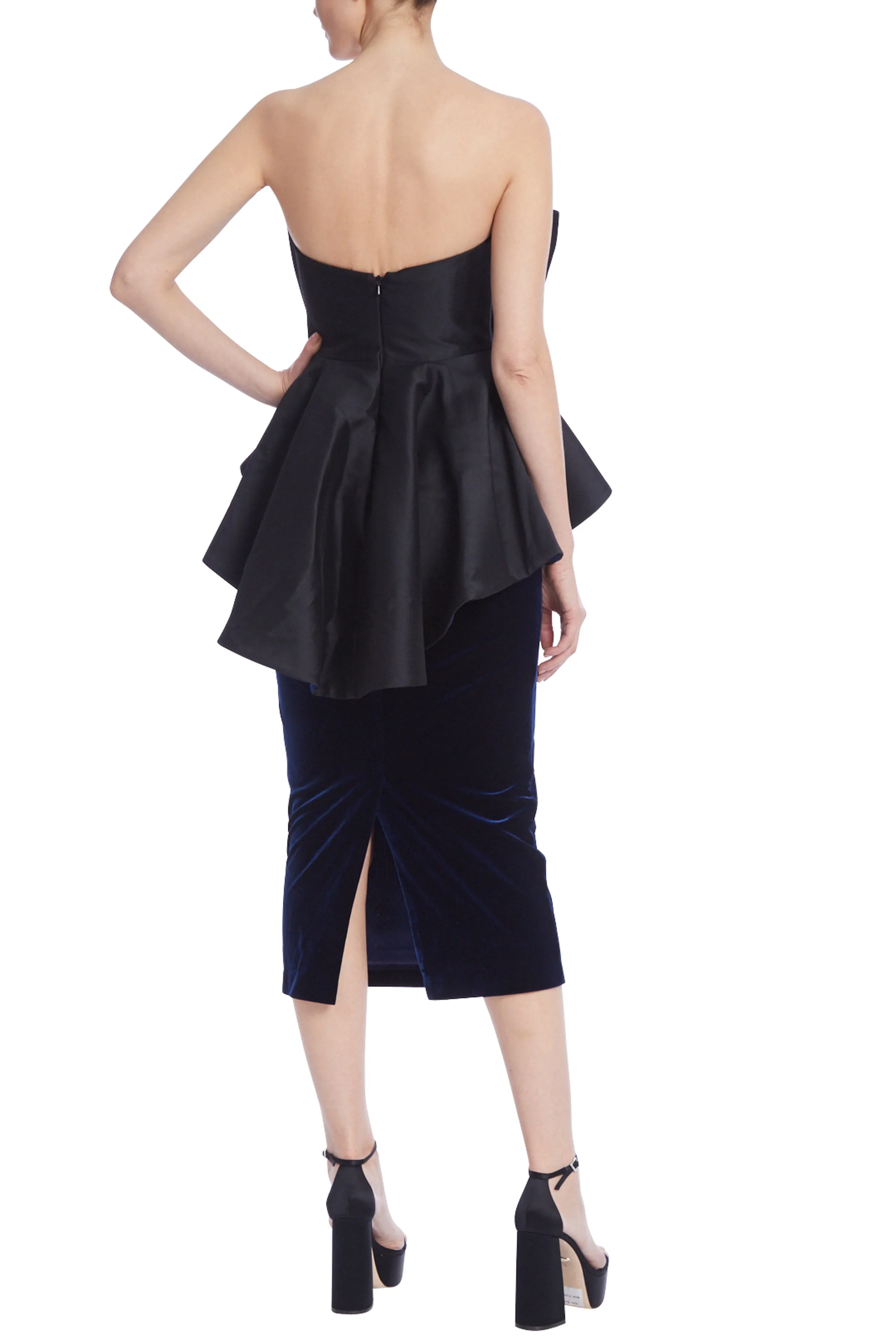 Badgley Mischka Strapless Velvet and Mikado Peplum Bow Dress