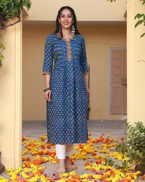 Badrah Blue Handblock Pleated Cotton Straight Kurta