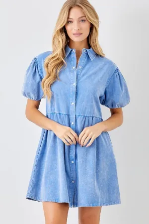 Baevely Pearl Snaps Mini Dress Puff Sleeves - Blue