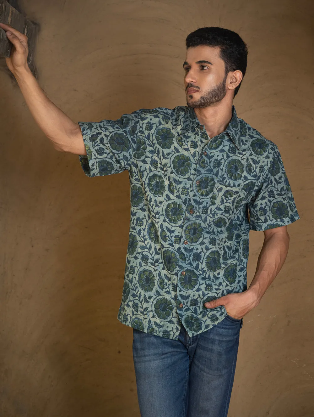 Bagru Hand Block Printed Cotton Shirt - Blue Floral